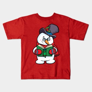 Snowman holds a book in front of him and reads with a smile Kids T-Shirt